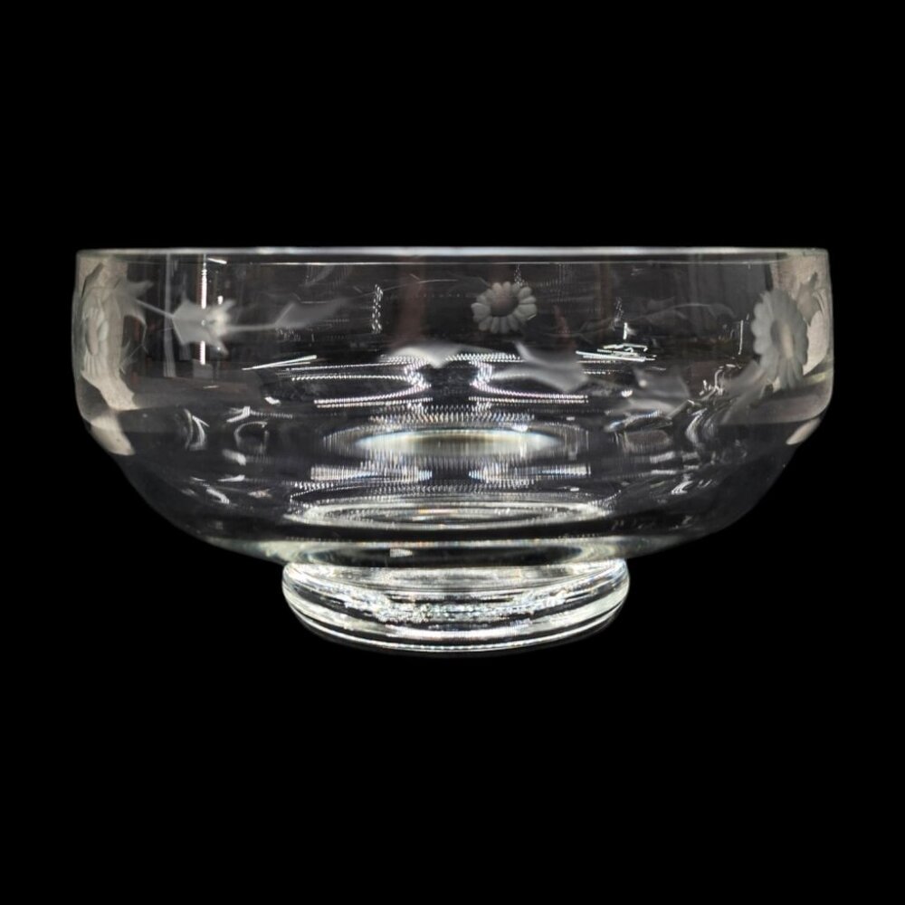 Heavy Floral Etched Glass Bowl Clear Footed Candy Trinket Serving Dish 6"